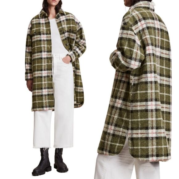 New! AllSaints Tia Plaid Wool Blend Oversized Shirt Jacket Shacket Longline Coat - Picture 1 of 16